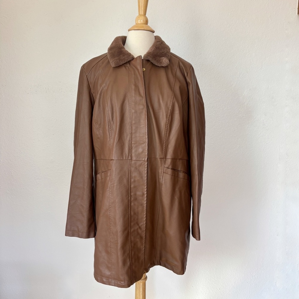 Baccini Brown Faux Leather + Fur Trim Coat
